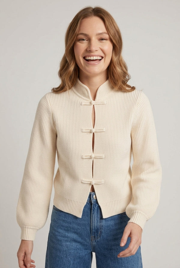 Cream | Striped Texture Mandarin Button Cardigan