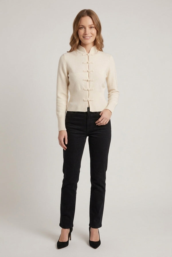 Cream | Mandarin Button Front High Neck Cardigan