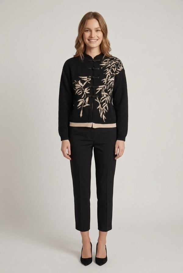 Black | Leaf Print Mandarin Button-Up Cardigan