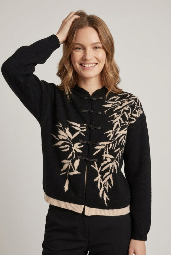 Black | Leaf Print Mandarin Button-Up Cardigan