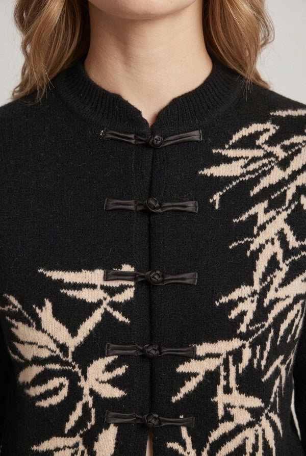 Black | Leaf Print Mandarin Button-Up Cardigan
