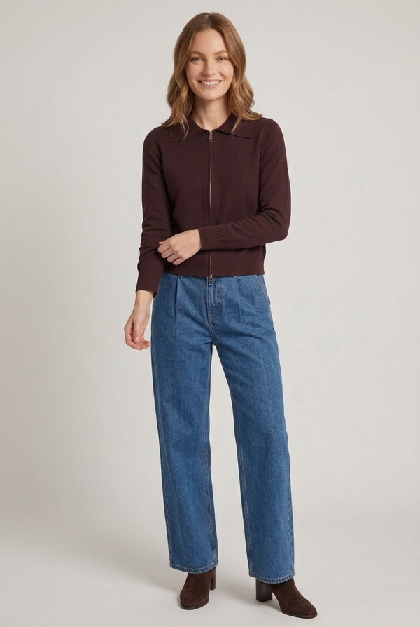Brown | Collared Zip Front Slim Fit Cardigan