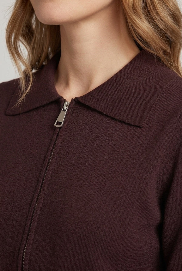 Brown | Collared Zip Front Slim Fit Cardigan