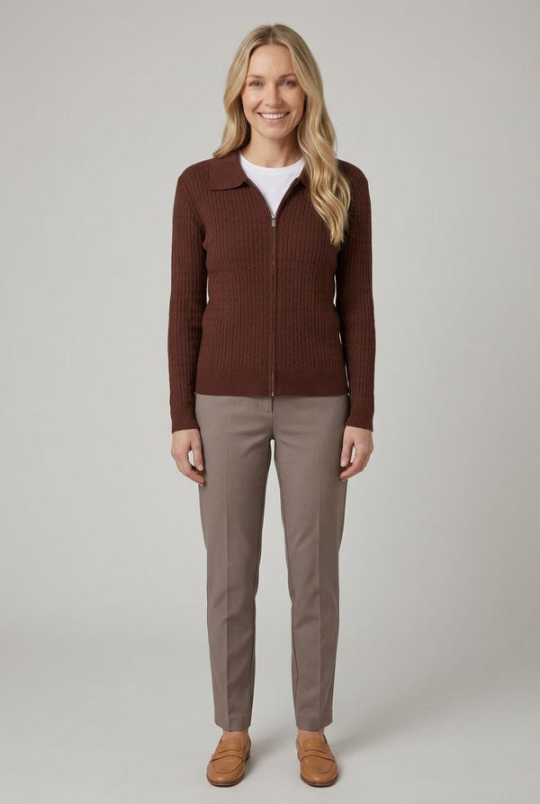 Brown | Textured Collared Zip-Up Slim Cardigan