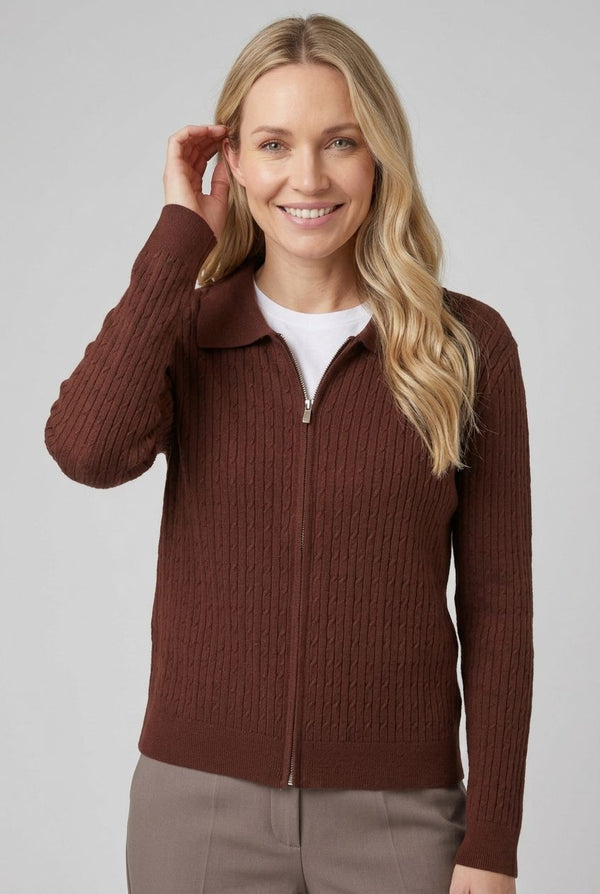 Brown | Textured Collared Zip-Up Slim Cardigan