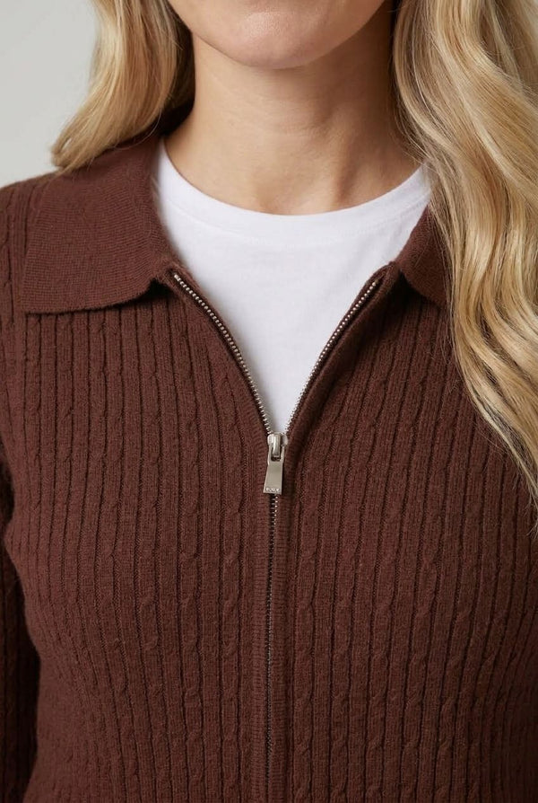 Brown | Textured Collared Zip-Up Slim Cardigan