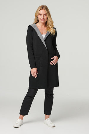 Black | Open Front Hooded Longline Cardigan : Model is 5'10