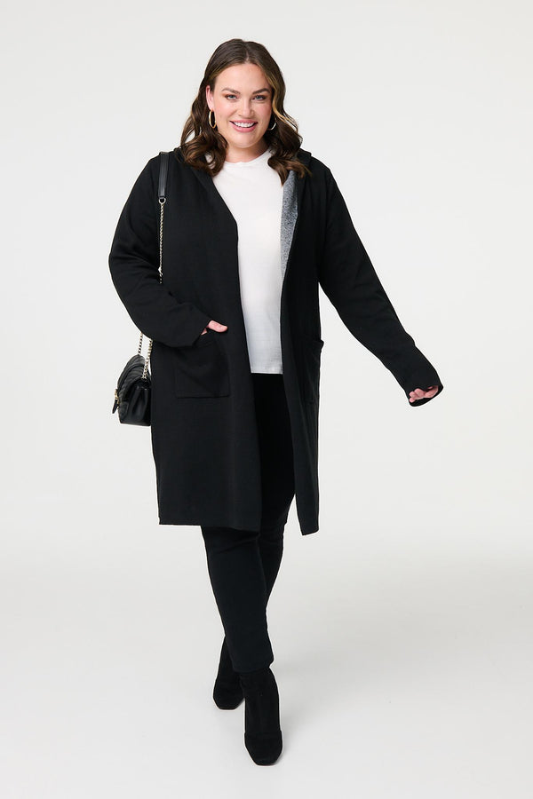 Black | Open Front Hooded Longline Cardigan : Model is 5'8"/172 cm and wears UK18/EU46/US14/AUS18
