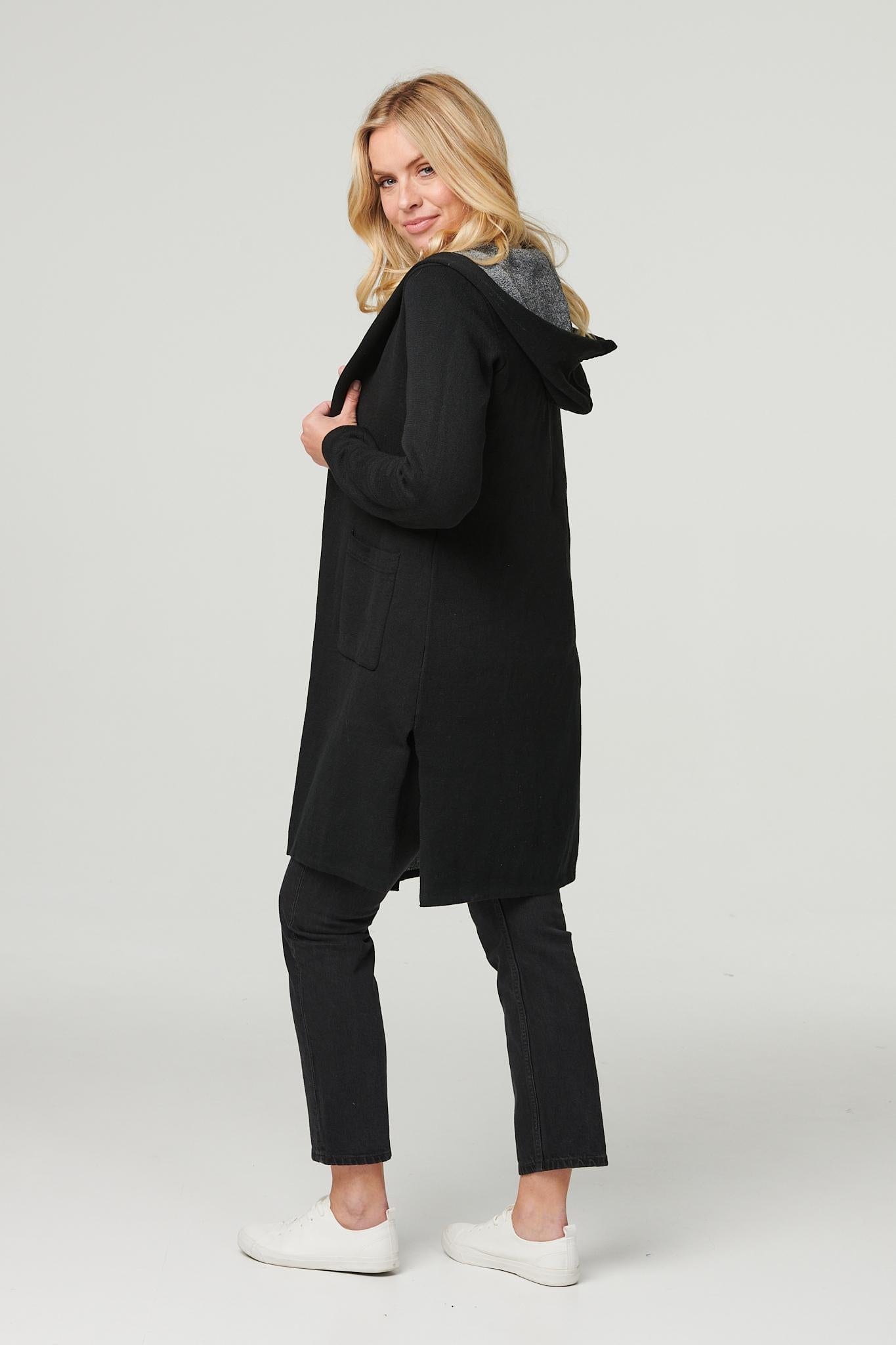 Black | Open Front Hooded Longline Cardigan
