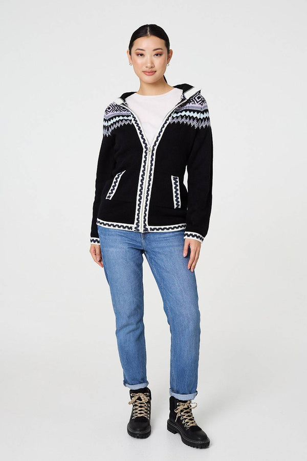 Black | Ikat Print Zip Front Hooded Jumper

