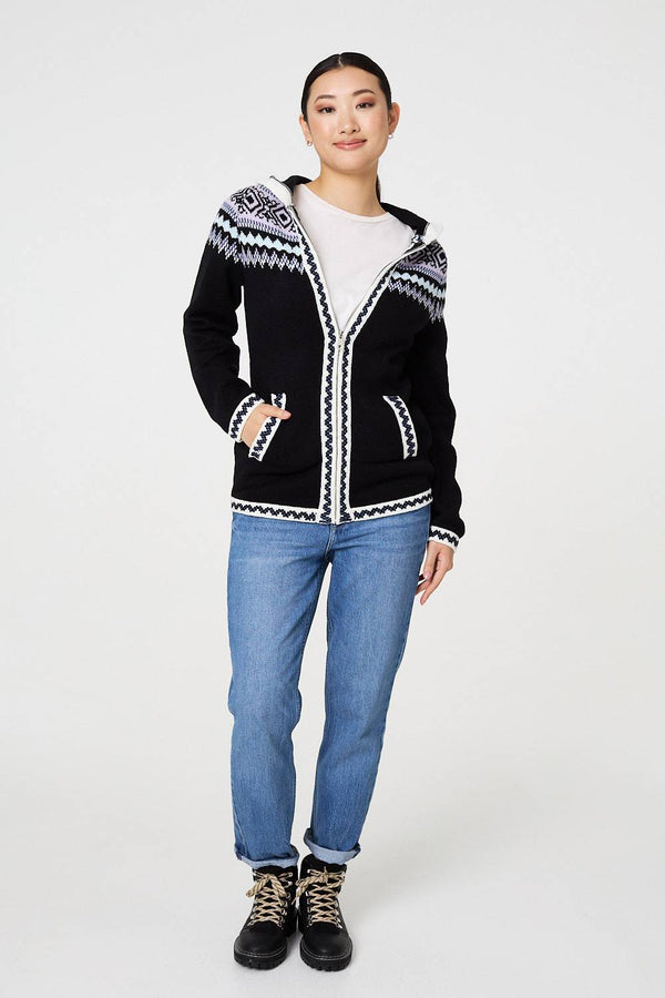 Black | Ikat Print Zip Front Hooded Jumper
