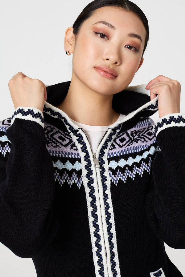 Black | Ikat Print Zip Front Hooded Jumper
