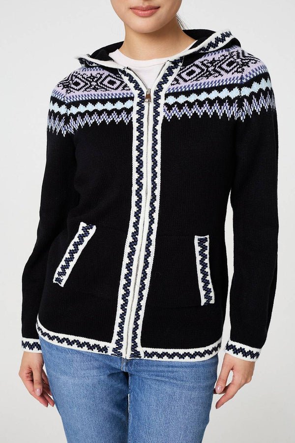 Black | Ikat Print Zip Front Hooded Jumper
