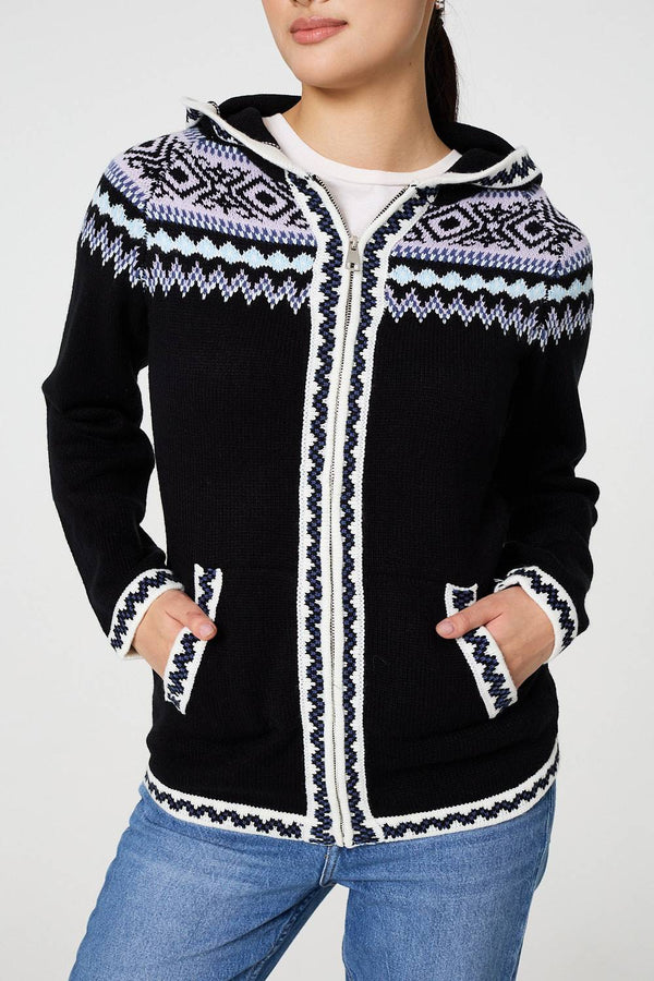 Black | Ikat Print Zip Front Hooded Jumper
