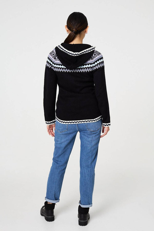Black | Ikat Print Zip Front Hooded Jumper
