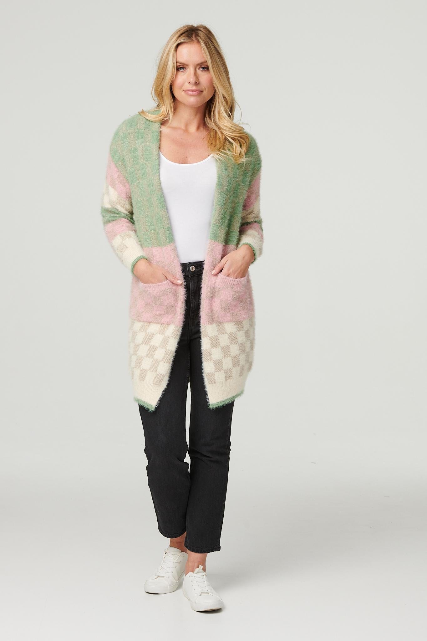Green | Checked Colour Block Cardigan