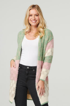 Green | Checked Colour Block Cardigan