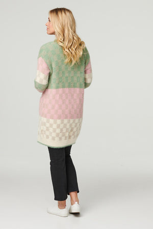 Green | Checked Colour Block Cardigan