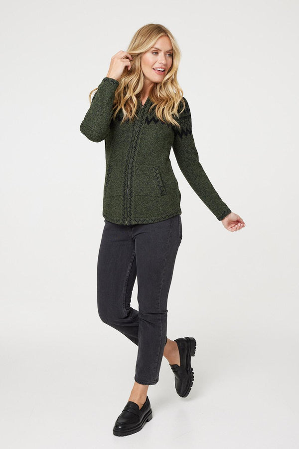 Khaki | Nordic Print Zip Front Hooded Cardigan
