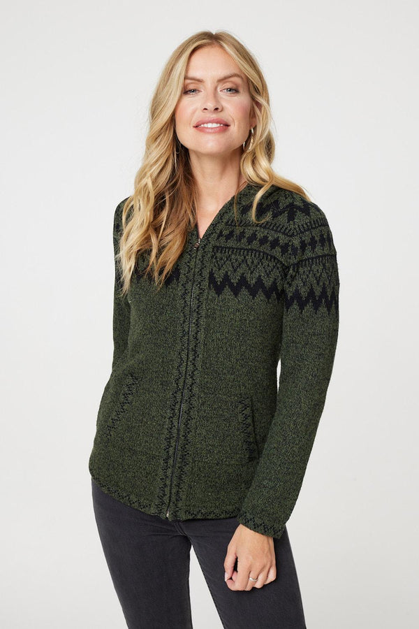 Khaki | Nordic Print Zip Front Hooded Cardigan
