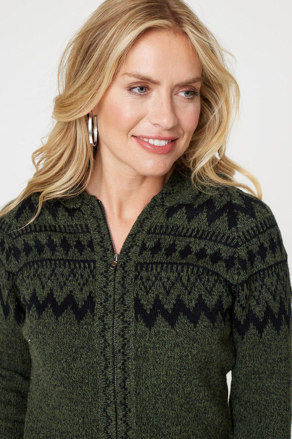 Khaki | Nordic Print Zip Front Hooded Cardigan
