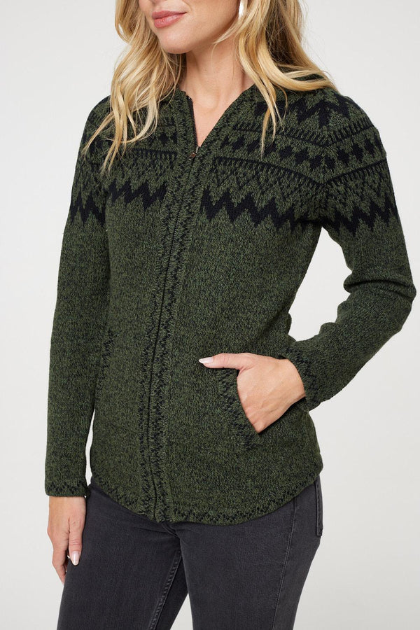 Khaki | Nordic Print Zip Front Hooded Cardigan
