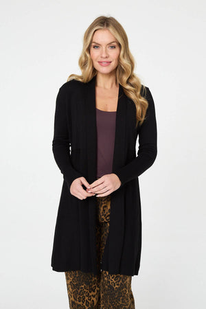 Black | Open Front Longline Relaxed Cardigan: Model is 5'10