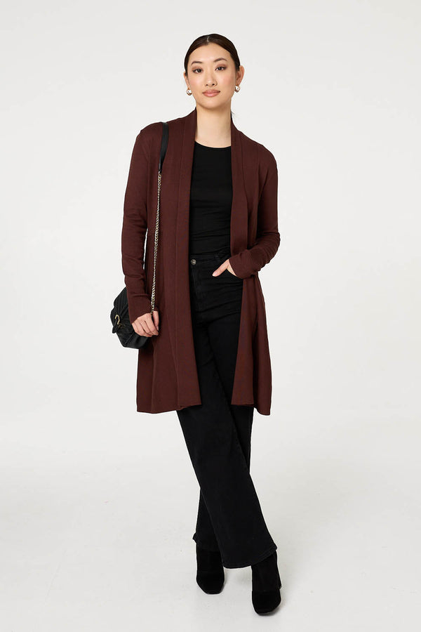 Brown | Open Front Longline Relaxed Cardigan
