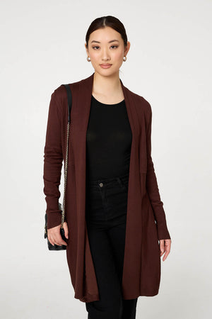 Brown | Open Front Longline Relaxed Cardigan: Model is 5'9