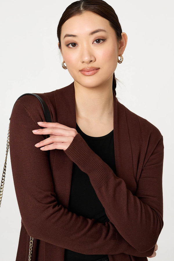 Brown | Open Front Longline Relaxed Cardigan