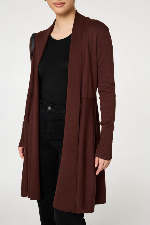Brown | Open Front Longline Relaxed Cardigan