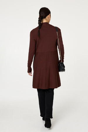Brown | Open Front Longline Relaxed Cardigan