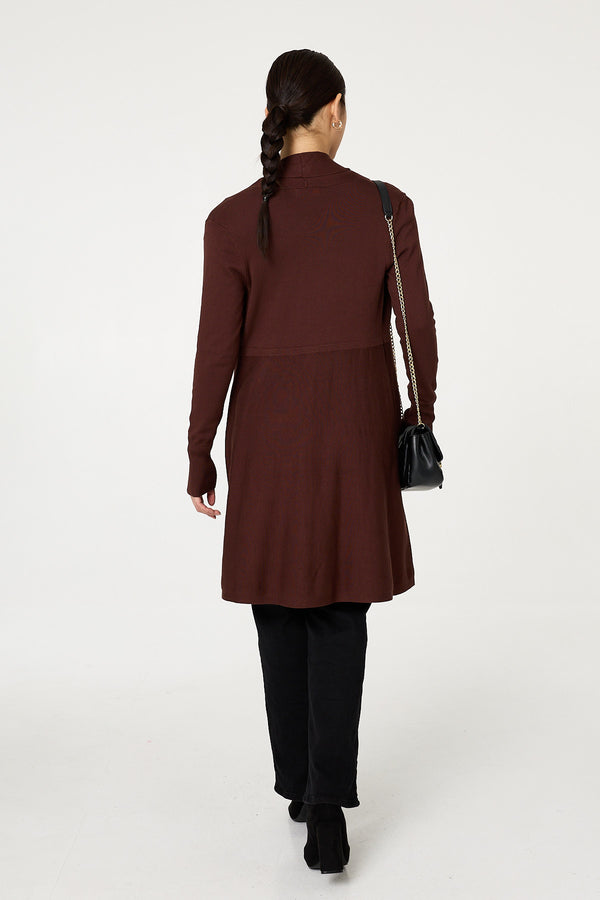 Brown | Open Front Longline Relaxed Cardigan