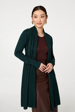 Green | Open Front Longline Relaxed Cardigan: Model is 5'9