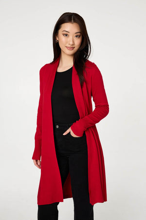 Red | Open Front Longline Relaxed Cardigan: Model is 5'9