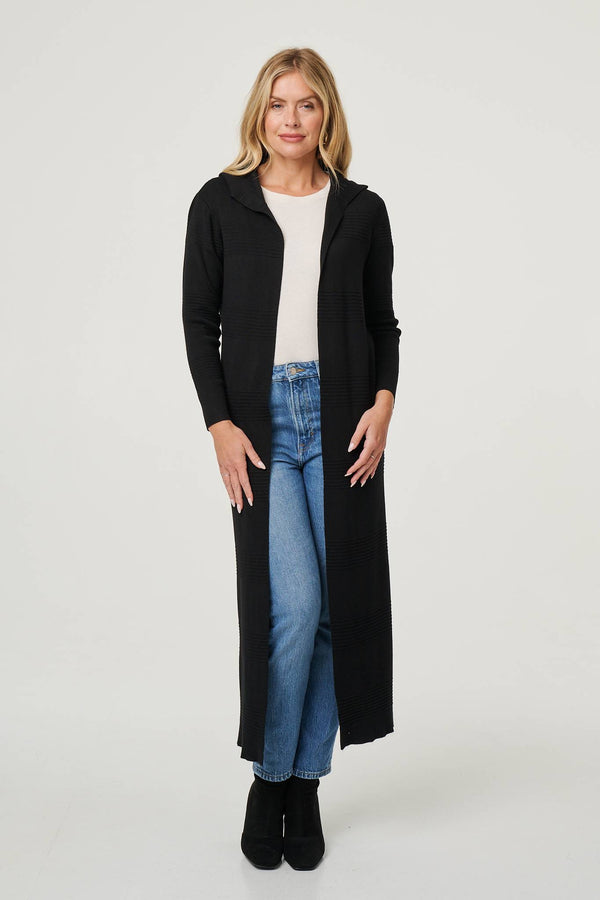 Black | Hooded Open Front Longline Coat

