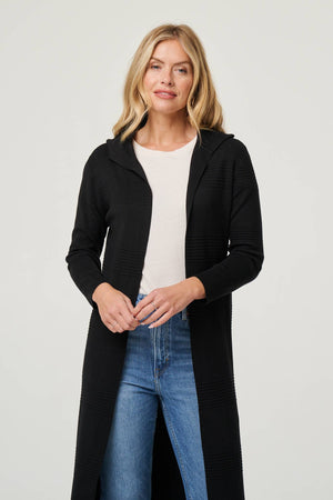 Black | Hooded Open Front Longline Coat
