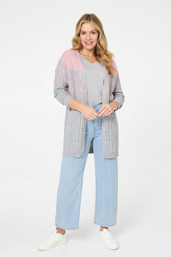 Grey | Colour Block Textured Longline Cardigan