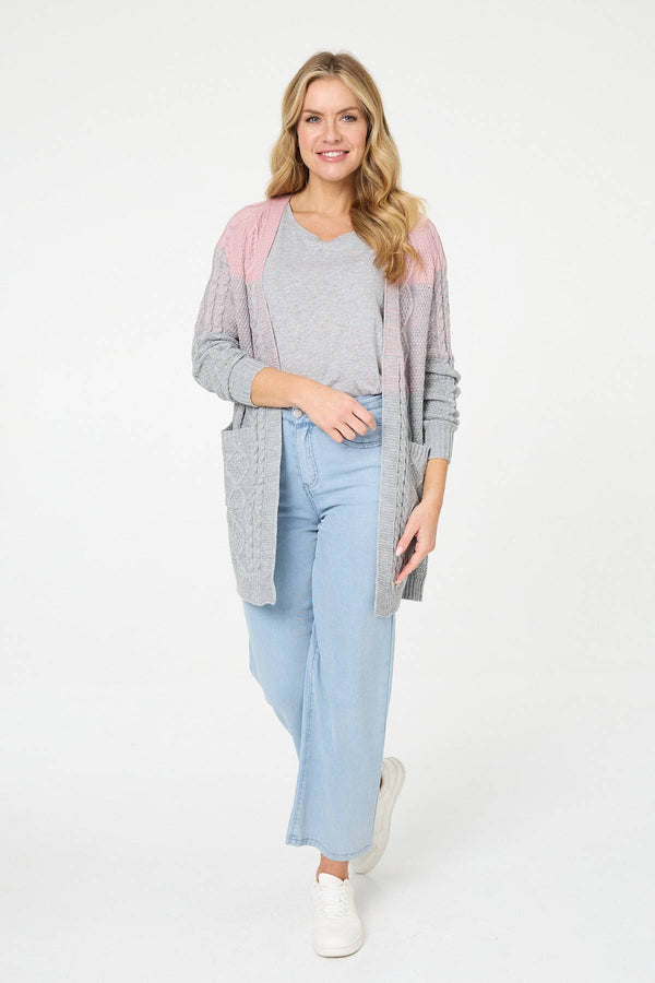 Grey | Colour Block Textured Longline Cardigan