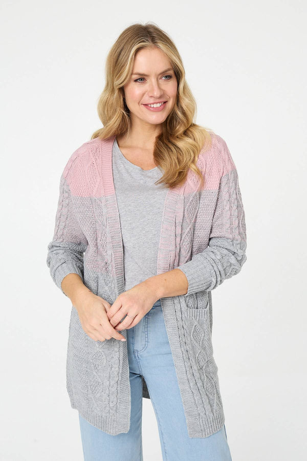 Grey | Colour Block Textured Longline Cardigan