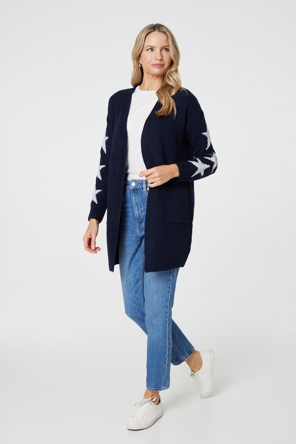 Star Print Longline Knit Open Cardigan Izabel London