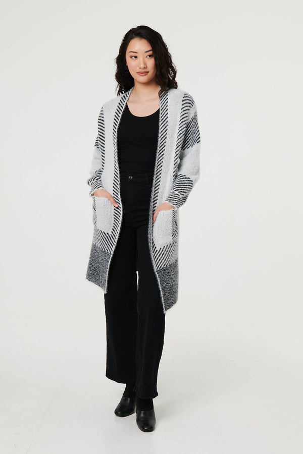 White | Striped Longline Relaxed Cardigan