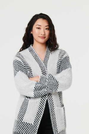 White | Striped Longline Relaxed Cardigan