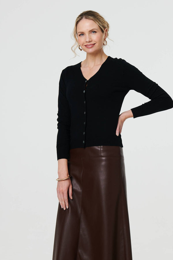 Black | Cropped Button-Up Slim Knit Cardigan
