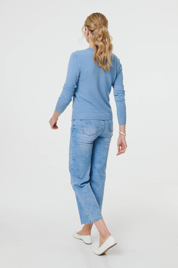 Blue | Cropped Button-Up Slim Knit Cardigan
