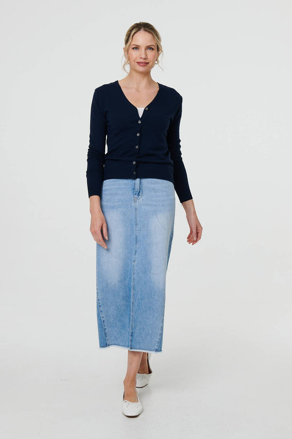 Navy | Cropped Button-Up Slim Knit Cardigan
