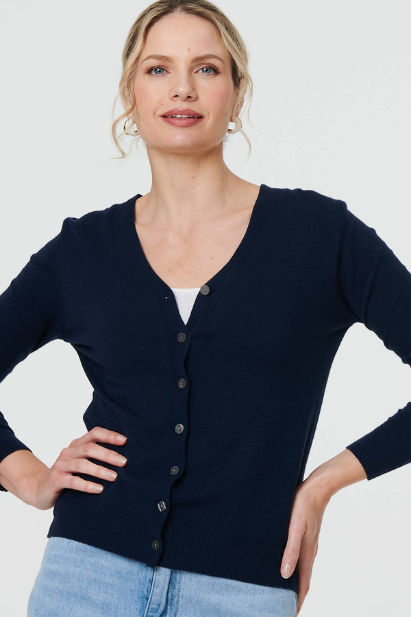 Navy | Cropped Button-Up Slim Knit Cardigan
