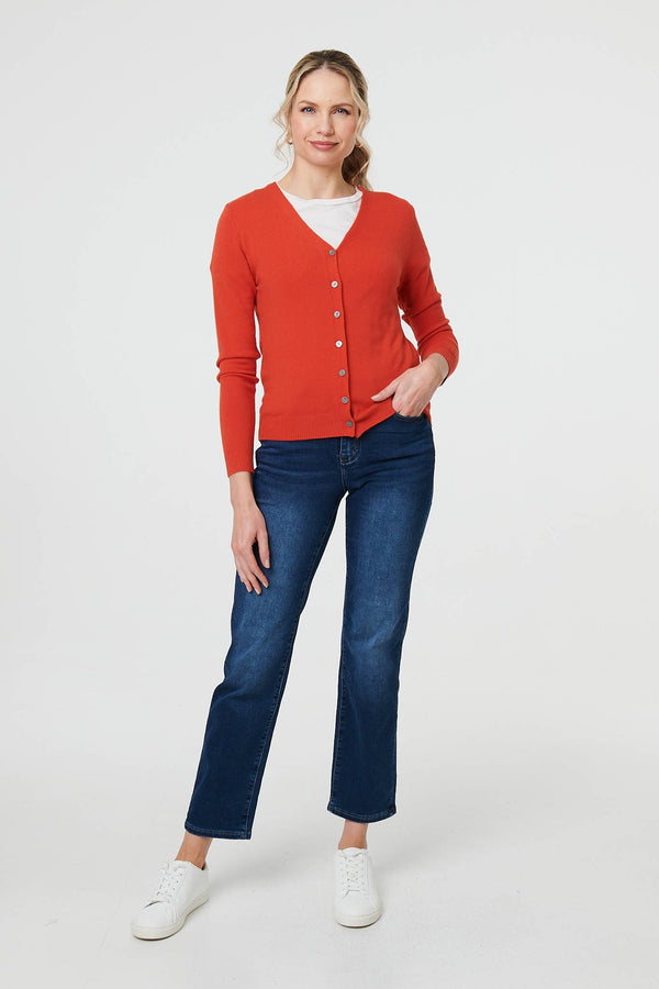 Orange | Cropped Button-Up Slim Knit Cardigan
