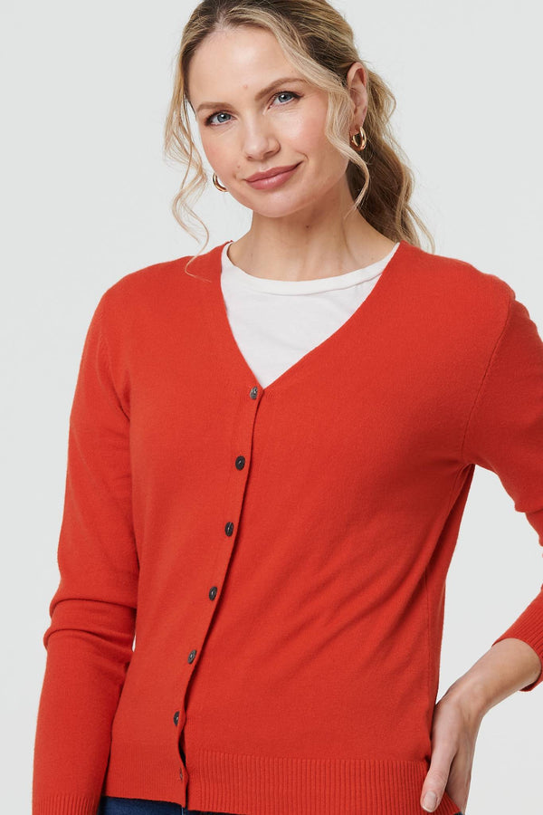 Orange | Cropped Button-Up Slim Knit Cardigan
