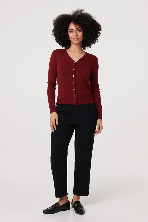 Red | Cropped Button-Up Slim Knit Cardigan
